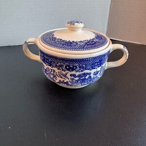 Willow Ware Blue and White Ceramic Sugar Bowl